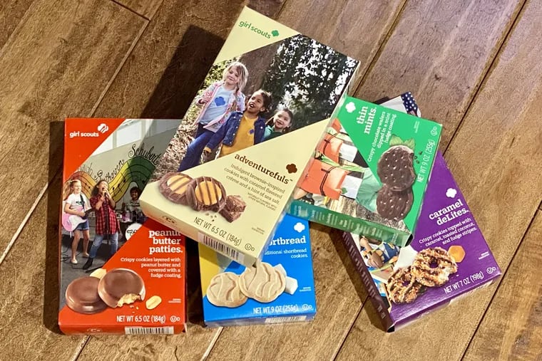 Adventurefuls, Thin Mints, Peanut Butter Patties, Shortbread, and Caramel deLites as pictured in 2022. The lineup of flavors available for purchase and in some cases, the cookie names, depends on the bakery a Girl Scout council uses.